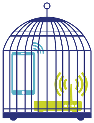 Een vogelkooi met een gevangen router en een mobiele telefoon die beide radiosignalen uitzenden